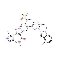 CNC(=O)c1c(-c2c(C)n[nH]c2C)oc2cc(N(C)S(C)(=O)=O)c(-c3ccc4c(n3)-c3cc5c(F)cccc5n3CC4)cc12 ZINC000212218612