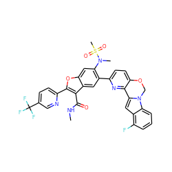 CNC(=O)c1c(-c2ccc(C(F)(F)F)cn2)oc2cc(N(C)S(C)(=O)=O)c(-c3ccc4c(n3)-c3cc5c(F)cccc5n3CO4)cc12 ZINC000212235064