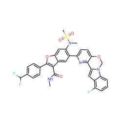 CNC(=O)c1c(-c2ccc(C(F)F)cc2)oc2cc(N(C)S(C)(=O)=O)c(-c3ccc4c(n3)-c3cc5c(F)cccc5n3CO4)cc12 ZINC000219565822