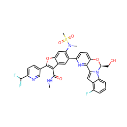 CNC(=O)c1c(-c2ccc(C(F)F)nc2)oc2cc(N(C)S(C)(=O)=O)c(-c3ccc4c(n3)-c3cc5c(F)cccc5n3[C@H](CO)O4)cc12 ZINC000212211848