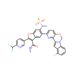 CNC(=O)c1c(-c2ccc(C(F)F)nc2)oc2cc(N(C)S(C)(=O)=O)c(-c3ccc4c(n3)-c3cc5c(F)cccc5n3CO4)cc12 ZINC000212198719