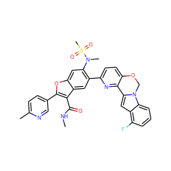 CNC(=O)c1c(-c2ccc(C)nc2)oc2cc(N(C)S(C)(=O)=O)c(-c3ccc4c(n3)-c3cc5c(F)cccc5n3CO4)cc12 ZINC000212198618