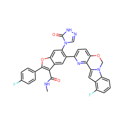 CNC(=O)c1c(-c2ccc(F)cc2)oc2cc(-n3cn[nH]c3=O)c(-c3ccc4c(n3)-c3cc5c(F)cccc5n3CO4)cc12 ZINC000148283998