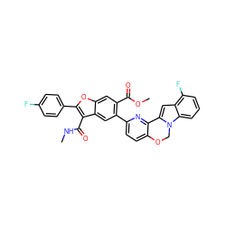 CNC(=O)c1c(-c2ccc(F)cc2)oc2cc(C(=O)OC)c(-c3ccc4c(n3)-c3cc5c(F)cccc5n3CO4)cc12 ZINC000148306430