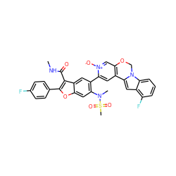 CNC(=O)c1c(-c2ccc(F)cc2)oc2cc(N(C)S(C)(=O)=O)c(-c3cc4c(c[n+]3[O-])OCn3c-4cc4c(F)cccc43)cc12 ZINC000205191784