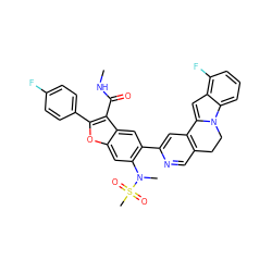 CNC(=O)c1c(-c2ccc(F)cc2)oc2cc(N(C)S(C)(=O)=O)c(-c3cc4c(cn3)CCn3c-4cc4c(F)cccc43)cc12 ZINC000212245572