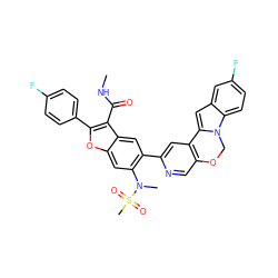 CNC(=O)c1c(-c2ccc(F)cc2)oc2cc(N(C)S(C)(=O)=O)c(-c3cc4c(cn3)OCn3c-4cc4cc(F)ccc43)cc12 ZINC000148291790