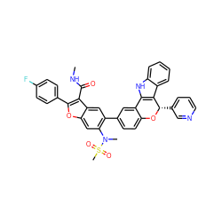 CNC(=O)c1c(-c2ccc(F)cc2)oc2cc(N(C)S(C)(=O)=O)c(-c3ccc4c(c3)-c3[nH]c5ccccc5c3[C@H](c3cccnc3)O4)cc12 ZINC000218305318