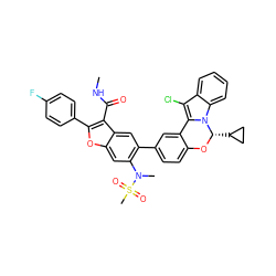 CNC(=O)c1c(-c2ccc(F)cc2)oc2cc(N(C)S(C)(=O)=O)c(-c3ccc4c(c3)-c3c(Cl)c5ccccc5n3[C@H](C3CC3)O4)cc12 ZINC000204995529