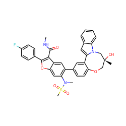 CNC(=O)c1c(-c2ccc(F)cc2)oc2cc(N(C)S(C)(=O)=O)c(-c3ccc4c(c3)-c3cc5ccccc5n3C[C@](C)(O)CO4)cc12 ZINC000205192178