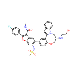 CNC(=O)c1c(-c2ccc(F)cc2)oc2cc(N(C)S(C)(=O)=O)c(-c3ccc4c(c3)-c3cc5ccccc5n3C[C@H](NCCO)CO4)cc12 ZINC000205192804