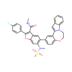 CNC(=O)c1c(-c2ccc(F)cc2)oc2cc(N(C)S(C)(=O)=O)c(-c3ccc4c(c3)-c3cc5ccccc5n3CCO4)cc12 ZINC000146692559