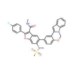 CNC(=O)c1c(-c2ccc(F)cc2)oc2cc(N(C)S(C)(=O)=O)c(-c3ccc4c(c3)-c3cc5ccccc5n3CO4)cc12 ZINC000204996263