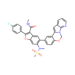 CNC(=O)c1c(-c2ccc(F)cc2)oc2cc(N(C)S(C)(=O)=O)c(-c3ccc4c(c3)-c3cc5cccnc5n3CO4)cc12 ZINC000148097645