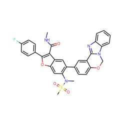 CNC(=O)c1c(-c2ccc(F)cc2)oc2cc(N(C)S(C)(=O)=O)c(-c3ccc4c(c3)-c3nc5ccccc5n3CO4)cc12 ZINC000148072506