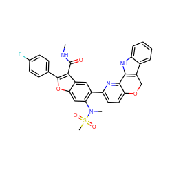 CNC(=O)c1c(-c2ccc(F)cc2)oc2cc(N(C)S(C)(=O)=O)c(-c3ccc4c(n3)-c3[nH]c5ccccc5c3CO4)cc12 ZINC000148296577