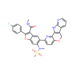 CNC(=O)c1c(-c2ccc(F)cc2)oc2cc(N(C)S(C)(=O)=O)c(-c3ccc4c(n3)-c3[nH]c5ncccc5c3CO4)cc12 ZINC000148254956