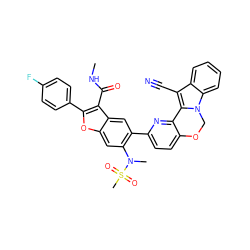 CNC(=O)c1c(-c2ccc(F)cc2)oc2cc(N(C)S(C)(=O)=O)c(-c3ccc4c(n3)-c3c(C#N)c5ccccc5n3CO4)cc12 ZINC000148259372