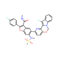 CNC(=O)c1c(-c2ccc(F)cc2)oc2cc(N(C)S(C)(=O)=O)c(-c3ccc4c(n3)-c3c(F)c5ccccc5n3CO4)cc12 ZINC000148256257