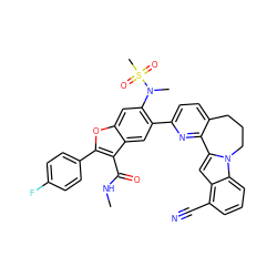 CNC(=O)c1c(-c2ccc(F)cc2)oc2cc(N(C)S(C)(=O)=O)c(-c3ccc4c(n3)-c3cc5c(C#N)cccc5n3CCC4)cc12 ZINC000220466035