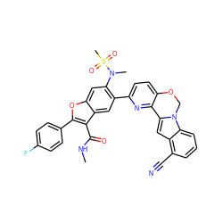 CNC(=O)c1c(-c2ccc(F)cc2)oc2cc(N(C)S(C)(=O)=O)c(-c3ccc4c(n3)-c3cc5c(C#N)cccc5n3CO4)cc12 ZINC001772605314