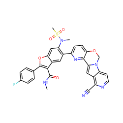 CNC(=O)c1c(-c2ccc(F)cc2)oc2cc(N(C)S(C)(=O)=O)c(-c3ccc4c(n3)-c3cc5c(C#N)nccc5n3CO4)cc12 ZINC001772619507