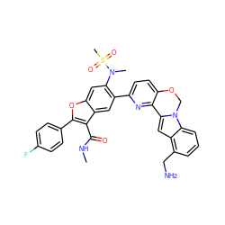 CNC(=O)c1c(-c2ccc(F)cc2)oc2cc(N(C)S(C)(=O)=O)c(-c3ccc4c(n3)-c3cc5c(CN)cccc5n3CO4)cc12 ZINC000148297482