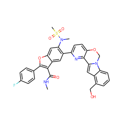 CNC(=O)c1c(-c2ccc(F)cc2)oc2cc(N(C)S(C)(=O)=O)c(-c3ccc4c(n3)-c3cc5c(CO)cccc5n3CO4)cc12 ZINC000148297724