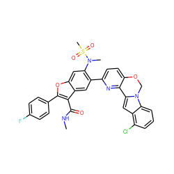 CNC(=O)c1c(-c2ccc(F)cc2)oc2cc(N(C)S(C)(=O)=O)c(-c3ccc4c(n3)-c3cc5c(Cl)cccc5n3CO4)cc12 ZINC000205193096