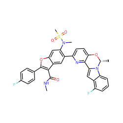 CNC(=O)c1c(-c2ccc(F)cc2)oc2cc(N(C)S(C)(=O)=O)c(-c3ccc4c(n3)-c3cc5c(F)cccc5n3[C@@H](C)O4)cc12 ZINC000205188625