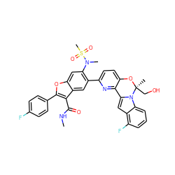 CNC(=O)c1c(-c2ccc(F)cc2)oc2cc(N(C)S(C)(=O)=O)c(-c3ccc4c(n3)-c3cc5c(F)cccc5n3[C@](C)(CO)O4)cc12 ZINC001772599687