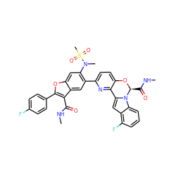 CNC(=O)c1c(-c2ccc(F)cc2)oc2cc(N(C)S(C)(=O)=O)c(-c3ccc4c(n3)-c3cc5c(F)cccc5n3[C@H](C(=O)NC)O4)cc12 ZINC000218301453