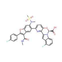 CNC(=O)c1c(-c2ccc(F)cc2)oc2cc(N(C)S(C)(=O)=O)c(-c3ccc4c(n3)-c3cc5c(F)cccc5n3[C@H](C(=O)O)O4)cc12 ZINC000218301729