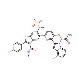 CNC(=O)c1c(-c2ccc(F)cc2)oc2cc(N(C)S(C)(=O)=O)c(-c3ccc4c(n3)-c3cc5c(F)cccc5n3[C@H](C(N)=O)O4)cc12 ZINC000218306203