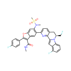 CNC(=O)c1c(-c2ccc(F)cc2)oc2cc(N(C)S(C)(=O)=O)c(-c3ccc4c(n3)-c3cc5c(F)cccc5n3[C@H](CF)C4)cc12 ZINC000219516498