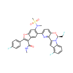 CNC(=O)c1c(-c2ccc(F)cc2)oc2cc(N(C)S(C)(=O)=O)c(-c3ccc4c(n3)-c3cc5c(F)cccc5n3[C@H](CF)O4)cc12 ZINC000218304020