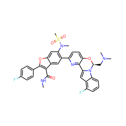 CNC(=O)c1c(-c2ccc(F)cc2)oc2cc(N(C)S(C)(=O)=O)c(-c3ccc4c(n3)-c3cc5c(F)cccc5n3[C@H](CN(C)C)O4)cc12 ZINC000218304803