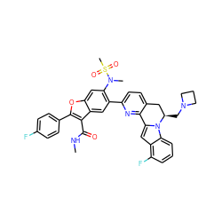 CNC(=O)c1c(-c2ccc(F)cc2)oc2cc(N(C)S(C)(=O)=O)c(-c3ccc4c(n3)-c3cc5c(F)cccc5n3[C@H](CN3CCC3)C4)cc12 ZINC000220469929