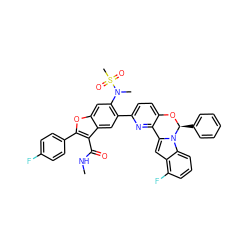 CNC(=O)c1c(-c2ccc(F)cc2)oc2cc(N(C)S(C)(=O)=O)c(-c3ccc4c(n3)-c3cc5c(F)cccc5n3[C@H](c3ccccc3)O4)cc12 ZINC000205190276