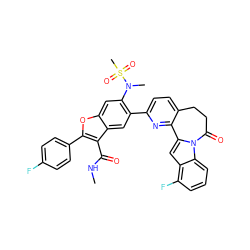 CNC(=O)c1c(-c2ccc(F)cc2)oc2cc(N(C)S(C)(=O)=O)c(-c3ccc4c(n3)-c3cc5c(F)cccc5n3C(=O)CC4)cc12 ZINC000220464863