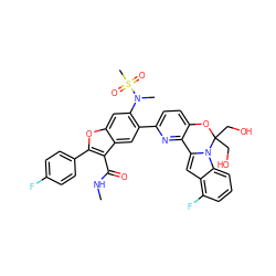 CNC(=O)c1c(-c2ccc(F)cc2)oc2cc(N(C)S(C)(=O)=O)c(-c3ccc4c(n3)-c3cc5c(F)cccc5n3C(CO)(CO)O4)cc12 ZINC000218305430