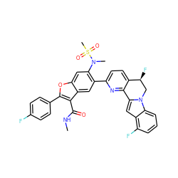 CNC(=O)c1c(-c2ccc(F)cc2)oc2cc(N(C)S(C)(=O)=O)c(-c3ccc4c(n3)-c3cc5c(F)cccc5n3C[C@@H]4F)cc12 ZINC000220467059