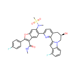 CNC(=O)c1c(-c2ccc(F)cc2)oc2cc(N(C)S(C)(=O)=O)c(-c3ccc4c(n3)-c3cc5c(F)cccc5n3C[C@H](O)C4)cc12 ZINC000220467921