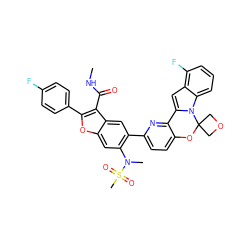 CNC(=O)c1c(-c2ccc(F)cc2)oc2cc(N(C)S(C)(=O)=O)c(-c3ccc4c(n3)-c3cc5c(F)cccc5n3C3(COC3)O4)cc12 ZINC001772584152