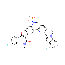 CNC(=O)c1c(-c2ccc(F)cc2)oc2cc(N(C)S(C)(=O)=O)c(-c3ccc4c(n3)-c3cc5c(F)cncc5n3CO4)cc12 ZINC000148273842