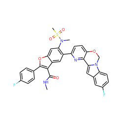 CNC(=O)c1c(-c2ccc(F)cc2)oc2cc(N(C)S(C)(=O)=O)c(-c3ccc4c(n3)-c3cc5cc(F)ccc5n3CO4)cc12 ZINC000148078040