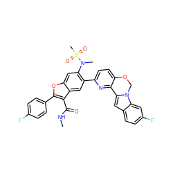 CNC(=O)c1c(-c2ccc(F)cc2)oc2cc(N(C)S(C)(=O)=O)c(-c3ccc4c(n3)-c3cc5ccc(F)cc5n3CO4)cc12 ZINC000148292504