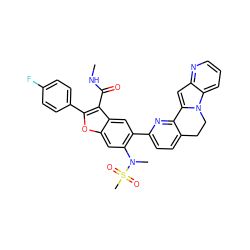 CNC(=O)c1c(-c2ccc(F)cc2)oc2cc(N(C)S(C)(=O)=O)c(-c3ccc4c(n3)-c3cc5ncccc5n3CC4)cc12 ZINC000220465161