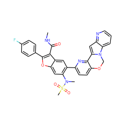 CNC(=O)c1c(-c2ccc(F)cc2)oc2cc(N(C)S(C)(=O)=O)c(-c3ccc4c(n3)-c3cc5ncccc5n3CO4)cc12 ZINC000148293157