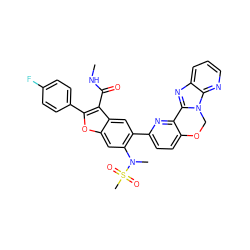 CNC(=O)c1c(-c2ccc(F)cc2)oc2cc(N(C)S(C)(=O)=O)c(-c3ccc4c(n3)-c3nc5cccnc5n3CO4)cc12 ZINC000148262378